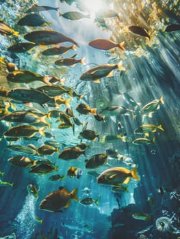 A vibrant underwater scene with a school of fish swimming amidst sunbeams filtering through the water's surface