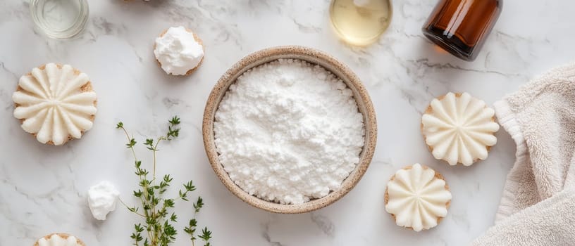 Baking ingredients including flour and decorative cookies on a marble counter top create a cozy scene.