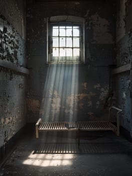 Sunbeams filter through a broken window, illuminating the weathered textures of an abandoned room's walls and solitary metal bed