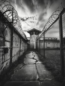 An isolated security tower stands against a fiery sunset sky, surrounded by barbed wire fences, evoking a mood of isolation