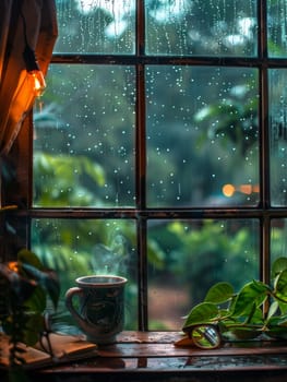 Through a wooden window, a tranquil scene of rain on lush foliage unfolds, with the comfort of a hot drink and book nearby