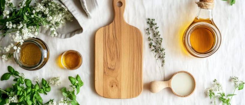 A wooden cutting board surrounded by herbs and oils on a linen cloth, perfect for culinary inspiration with copy space.