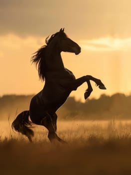 The profile of a horse is elegantly outlined against the radiant light of the setting sun in a serene countryside setting