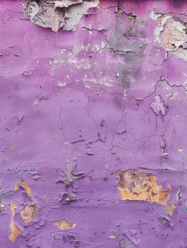 A close look at a wall with faded purple paint, where time has left its mark through peeling and crack patterns