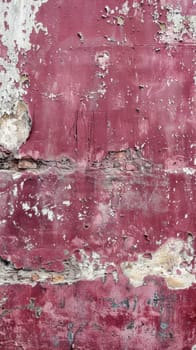 Vertical view of a burgundy wall with peeling and flaking paint, showcasing a rich palette of distressed textures