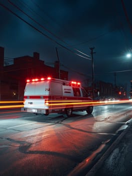 An ambulance's red lights stand out in the night, signaling an emergency as it navigates through the city's thoroughfares