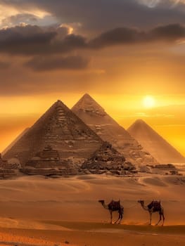 Camels tread through the golden dust at Giza, with the sun casting its last rays over the pyramids, creating a timeless scene