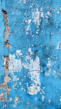Wide-angle view of a worn blue paint surface with flaking layers and a sense of historical decay