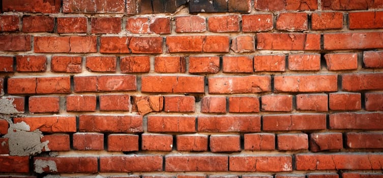 Panorama of red old brick wall. Detailed texture of aged masonry with broken bricks and peeling plaster. Pattern of loft interior or exterior background. Urban, grunge, industrial, abstract backdrop