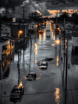 A stormy night casts heavy clouds over a flooded neighborhood, with emergency lights reflecting on the disturbed waters below
