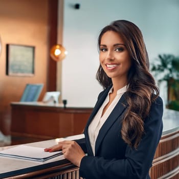 gorgeous elegant woman at hotel check-in, AI generated image