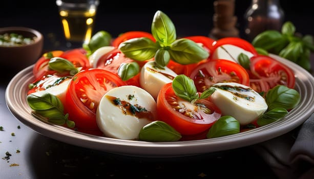 caprese salad dish with tomoatoes and mozzarella cheese, AI generated image