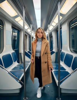 gorgeous young woman on subway train, AI generated image