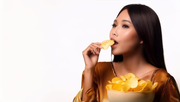 gorgeous young woman eating chips, AI generated image