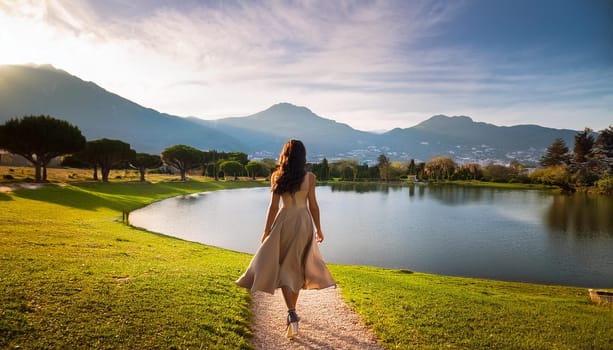 gorgeous elegant young woman walking in natural landscape, AI generated image