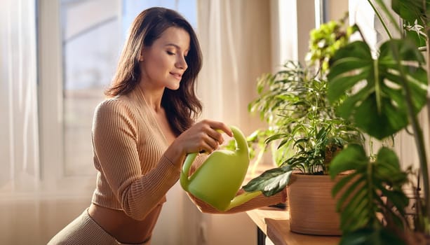 gorgeous young woman watering the houseplants, AI generated image