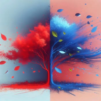 A tree with two halves, one red and one blue, representing the duality of nature. The tree is surrounded by falling leaves in shades of red, blue, and green. A high-quality photo.