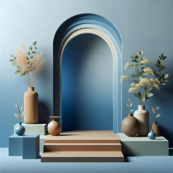 A minimalist, abstract scene with a blue background, a wooden platform, and vases filled with plants. The scene is elegant and serene, creating a sense of calm and balance. A high-quality photo.