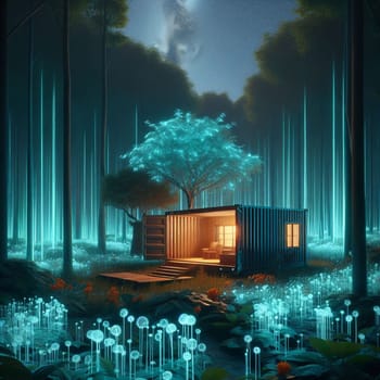 A shipping container converted into a cozy cabin, nestled in a mystical forest with glowing trees and flowers. The scene is surreal and magical, representing a fusion of nature. A high-quality photo.