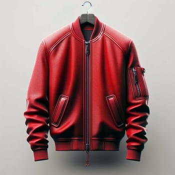 A red leather bomber jacket hanging on a hanger. The jacket is stylish and classic, with a timeless appeal. A high-quality photo.