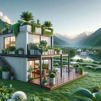 A modern, sustainable home built from repurposed shipping containers. The home features a green roof, large windows, and a spacious deck overlooking a serene lake. A high-quality photo.