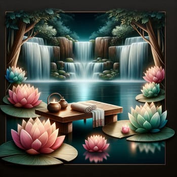 A wooden platform with towels and teapots, surrounded by water lilies, in front of a waterfall. The scene is serene and peaceful, suggesting a spa or wellness retreat. A high-quality photo.
