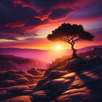 A lone tree stands tall on a rocky cliff, silhouetted against a vibrant, fiery sunset. The scene is dramatic and powerful, evoking a sense of resilience and hope. A high-quality photo.