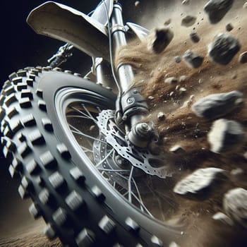 A close-up shot of a dirt bike tire kicking up dirt and rocks as it races through a dirt track. The scene is dynamic and powerful, capturing the thrill of motocross. A high-quality photo.