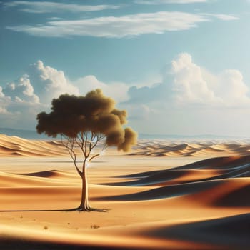 A solitary tree stands tall in a vast desert landscape, with a bright light shining from its trunk. The scene is surreal and beautiful, suggesting a sense of hope. A high-quality photo.