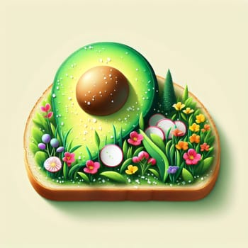 A slice of avocado toast with a miniature garden on top. The toast is topped with a variety of flowers, herbs, and vegetables, creating a delightful and whimsical scene. A high-quality photo.