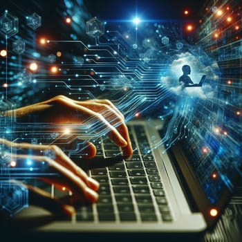 A person's hands typing on a laptop, with digital lines and a cloud icon appearing above the laptop, representing the concept of digital connection and communication. A high-quality photo.