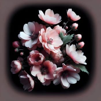 A bouquet of soft pink flowers with green leaves and buds, against a black background. The flowers are delicate and romantic, creating a sense of beauty and elegance. A high-quality photo.