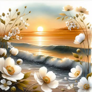 A serene seascape with white flowers framing a sunset over the ocean. The scene is painted in soft, warm tones, creating a sense of peace and tranquility. A high-quality photo.