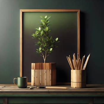 A minimalist still life featuring a potted plant, pencils in a bamboo holder, and a green mug on a wooden table. The scene is simple and elegant, creating a sense of calm. A high-quality photo.