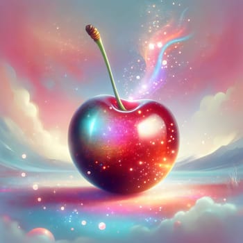 A single, red cherry with a magical glow, resembling a galaxy or nebula. The cherry is placed on a dreamy landscape with soft clouds and a vibrant sky. A high-quality photo.
