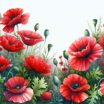 A vibrant watercolor painting of a field of red poppies. The flowers are arranged in a beautiful and delicate pattern, creating a sense of joy and beauty. A high-quality photo.