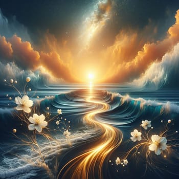 A surreal landscape with waves crashing against a golden path leading to a sunset. The scene is dreamlike and magical, with white flowers blooming on the golden path. A high-quality photo.