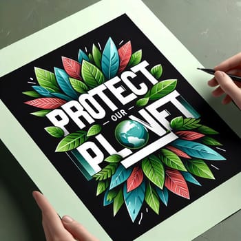An illustration featuring the words Protect Our Planet surrounded by colorful leaves, representing a call to action for environmental conservation. A high-quality photo.