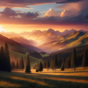 A breathtaking mountain range bathed in the golden light of a setting sun. The mountains are covered in lush green forests, creating a sense of peace and tranquility. A high-quality photo.