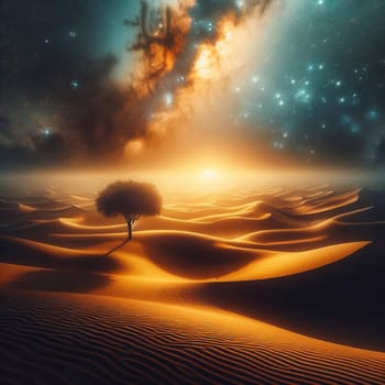 A single tree stands in a vast desert landscape, with a starry sky and a galaxy above. The scene is surreal and beautiful, evoking a sense of wonder and mystery. A high-quality photo.