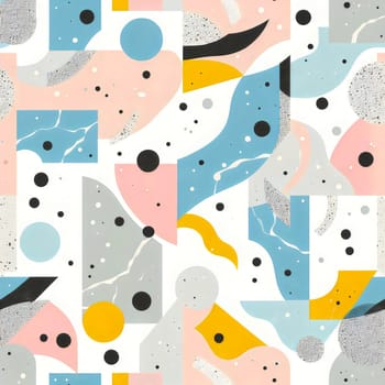 An abstract geometric pattern featuring colorful shapes, including circles, squares, and wavy lines. The pattern is dynamic and playful, creating a sense of movement and energy. A high-quality photo.