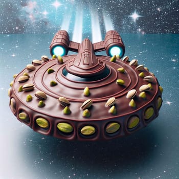 A chocolate spaceship with pistachio topping, flying through a starry sky. The scene is surreal and whimsical, combining elements of food and space travel. A high-quality photo.