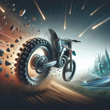 A dirt bike flying through the air, with rocks and dust swirling around it, against a backdrop of a futuristic cityscape and streaks of light. The scene is dynamic and exciting. A high-quality photo.