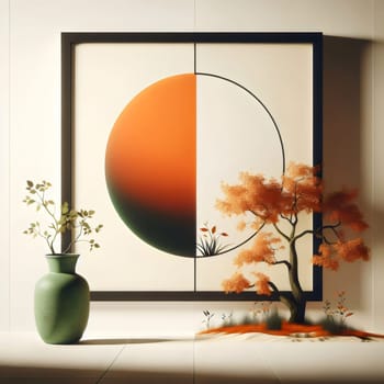 A minimalist interior design featuring a green vase with a small plant, a framed artwork with a circular design, and a miniature tree on a sandy floor. A high-quality photo.