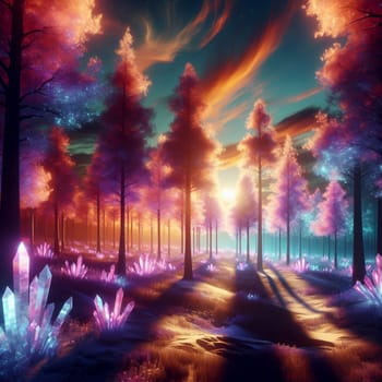 A magical forest with glowing crystals and trees, bathed in the golden light of a setting sun. The scene is enchanting and surreal, creating a sense of wonder and mystery. A high-quality photo.