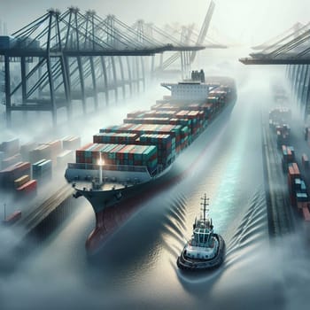 A cargo ship sails through a foggy harbor, guided by a tugboat. The scene is mysterious and atmospheric, suggesting a sense of anticipation and movement. A high-quality photo.