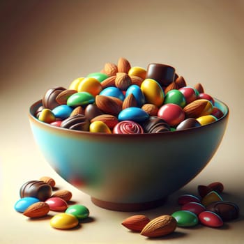 A blue bowl filled with a colorful assortment of candy, chocolate, and almonds. The scene is a still life of sweet treats, inviting viewers to indulge in their sugary delights. A high-quality photo.
