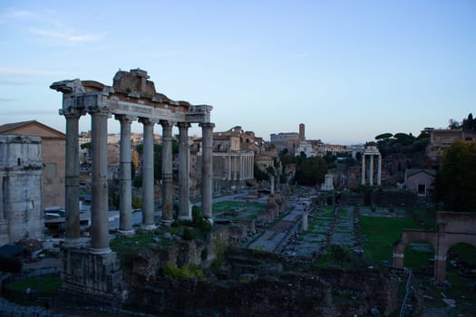 Italy, Rome, Via dell Arco di Settimio, view of the ruins of the temple Temple of Vespasian and Titus (Tempio di Vespasiano e Tito