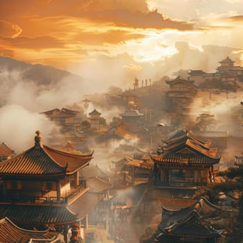 Ancient asian pagoda cityscape in mystical sunset sandstorm orange glow, fantasy setting, background, AI generated