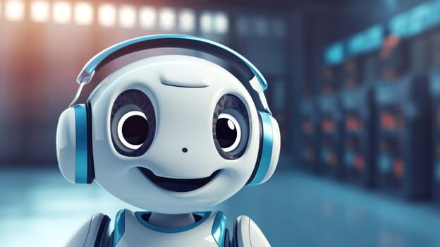Smiling robot in headphones in a futuristic lab, concept of AI technology, background, AI generated